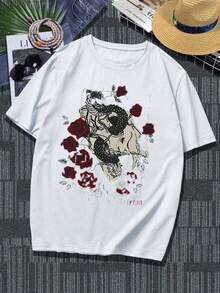 1pcs Graphic Casual Men Plus Size TShirts Skull Snake Roses Tee 100% Cotton For Streetwear Fashion, Relaxed Fit Short Sleeve Crew Neck Big And Tall Tops For Men, Party Outfit - 白色 - 查看 1