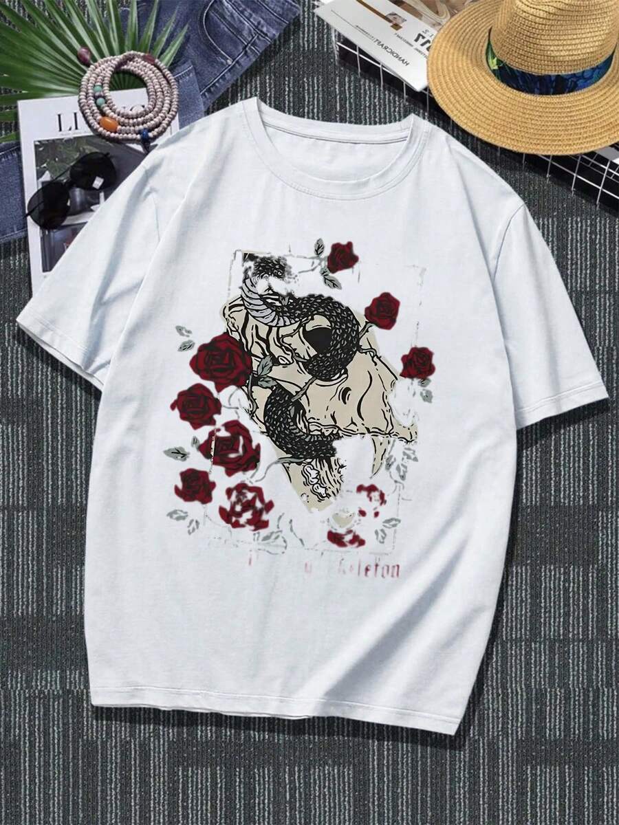 1pcs Graphic Casual Men Plus Size TShirts Skull Snake Roses Tee 100% Cotton For Streetwear Fashion, Relaxed Fit Short Sleeve Crew Neck Big And Tall Tops For Men, Party Outfit - 白色 - 查看 1