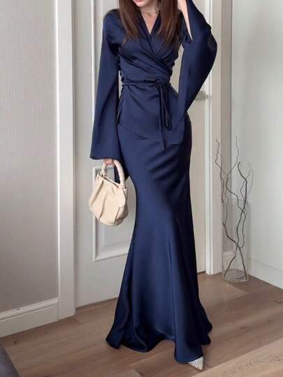 2pcs Women Elegant Plain Color Long Sleeve Top And Skirt Set