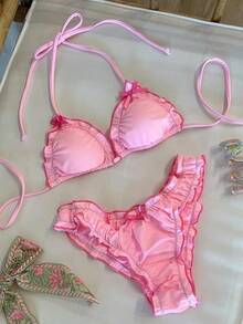 Alyweatry Women Y2K Bikinis Sets Coquette Aesthetic Bows Halter Tie Up Bikini Top High Cut Elastic Waist Bikini Bottom - 粉色 - 查看 2