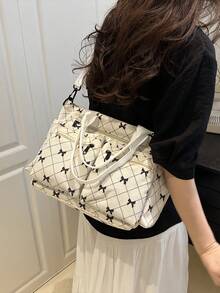 Túi đeo vai đơn giản nhiều ngăn màu trơn vải nhung kẻ Hobo Tote dành cho nữ, Túi đeo chéo thường ngày có sức chứa lớn, Túi đeo vai Satchel dùng cho du lịch ngoài trời, Túi mua sắm Satchel cổ điển Túi đựng máy tính đại học - Màu be - Xem 6