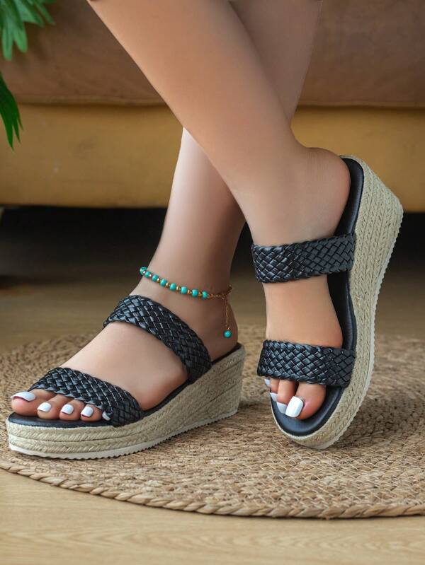 Women's Thick-Soled Straw Woven Rope Summer Beach Vacation Casual Slip-On Platform Wedge Sandals