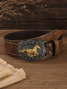 1pc Unisex Retro Western Cowboy Animal Buckle Embossed PU Leather Belt, Fashionable All-Match Suitable For Jeans, Skirts And Year-Round Wear - Gold - View 10