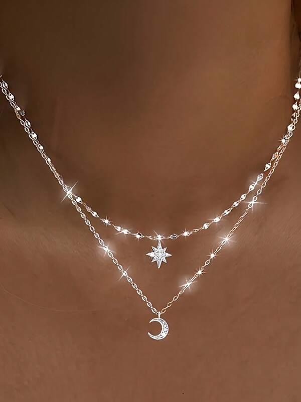Modische Damenkette mit Mond- und Sternanhänger, zweischichtig, schlicht elegant, S925 Silber, perfekt für Lässig-Outfits, Urlaub, Geschenk, ideales Präsent für beste Freundinnen