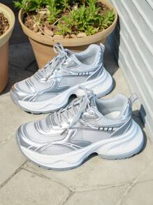 2025 Novo Tênis Chunky Prateado, Sapato Casual de Sola Grossa e Plataforma, Mesh Respirável, Estilo de Rua da Moda, 2 Cores Disponíveis
