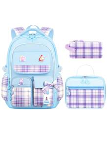 3-Piece Set: Bowknot Girl Backpack, Lunch Box Bag, Pencil Case, Polyester Plaid Pattern, Multi-Pocket, Large Capacity, Student School Backpack With 3 Detachable Badges, Back To School Essentials, Suitable For School And Travel
