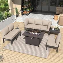 Metal Patio Furniture Set Modern Metal Outdoor Conversation Sets, Patio Sectional Sofa W/5 Inch Cushion And Coffee Table, Black - Sand - View 2