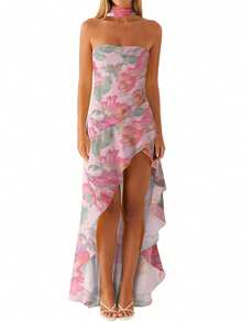 Women Casual Tube Dress Summer Solid Color/Floral Print High Low Ruffles Dress With Scarf For Cocktail Streetwear - 紫羅蘭色 - 查看 8