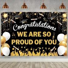 TYFYO 1pc Graduation Photography Background, Black Graduation Cap And Golden Balloon Graduation Congrats Party Banner Background