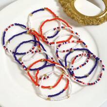 14pcs Handmade Elastic Beaded Bohemian Style Bracelets Set, Fashionable Independent Day USA Flag Color Beads Charm Bracelets, Suitable For Holiday Party And Daily Wear
