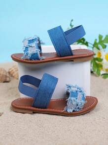 1 Pair New Style Children's Fashion Flat Sandals, Canvas Elastic Strap Design, & Versatile, Suitable For Girls Outdoor, Casual, Beach Wear