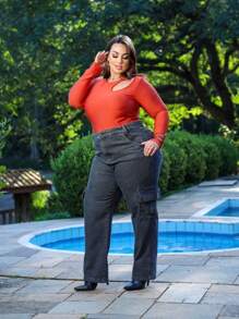 Plus Size Mom Cargo Jeans High Waist Graphite