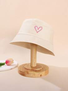 1pc Vintage Solid Color Heart Embroidery Kids Bucket Hat, Outdoor Sports Travel Sun Protection Sunscreen Bucket Hat For Boys And Girls