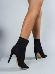 秋冬时尚女款黑色一脚蹬短靴，简约百搭，性感时尚的街头风格派对装，镂空针织踝靴，超高跟，露趾，女靴 - 黑色 - 查看 2