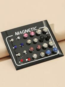 24pcs Magnetic Rhinestone Stud Earrings, Multi-Size, For Women Daily Wear