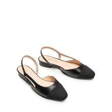 Women Slingback Ballet Flats Square Cap Toe Low Heel Party Wedding Dress Shoes - 黑色/PU - 查看 2
