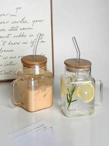 1pc Square Glass Cup With Handle, Glass Cup With Bamboo Lid And Glass Straw, Transparent Beverage Cup, Iced Coffee Cup, Beverage Can, Juice Wide Mouthed Cup, Tea, Milkshake, Reusable Tableware, For Home And Office Use, Adult, Male And Female Gifts