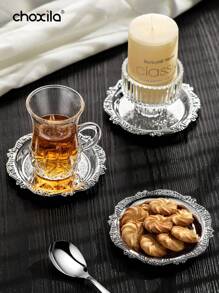 choxila 1pc/6pcs Metal Trays With Rack, Round Coasters With Stand, Decorative Plates With Holder, Cake Fruit Dessert Nut Mini Tray, Desktop Metal Cup Mats, For Bar, Home, Kitchen, Coffee Table Decoration (Gold)