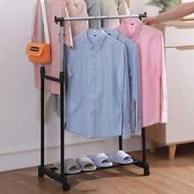 Floor Hanging Rack - Double Rods, Telescopic, Adjustable, Mobile Clothes Hanger, Clothes Rack, Clothes Holder, Reinforcement, Simple Design - Black - View 8