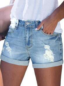 Ladies' Spring And Summer Sexy Wash Water Ripped Denim Shorts - Blue - View 4