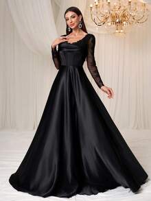 YISIKADO Rochie de seară elegantă din satin cu dantelă contrastantă pentru femei, rochie de bal, rochie de seară elegantă, cu guler pătrat, mânecă lungă, pentru nuntă, banchet, absolvire, aniversare, cină formală, bal, ceremonie, sărbătoare - Negru - Vizualizare 6