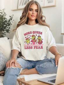 Oversized Style For Women, Cute Frog Design "More Queer Less Fear " Gay T Shirt, Tee, Loose Type Shirt For Women, Perfect For Holiday Parties Or Gift Giving, Soft And Comfortable - Cream - View 1