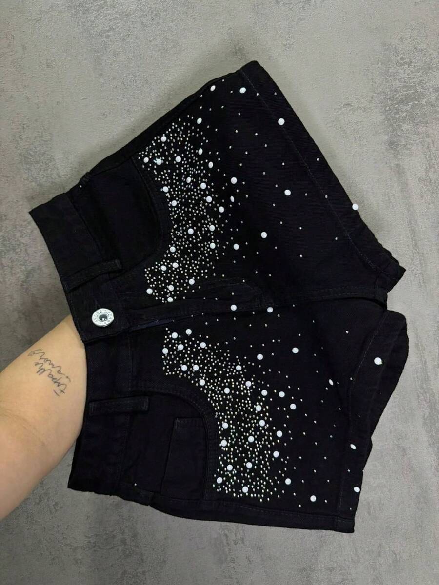 Women's Black High Waist Jean Shorts With Rhinestones And White Stones | 100% Cotton - màu đen - Xem 1