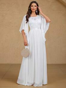 MIUSOL Elegant Sequin Floral Lace Butterfly Sleeve Chiffon Pleated Hem Wedding Maxi Dress, Formal Evening Gown, Party Dress, Wedding Guest Dress