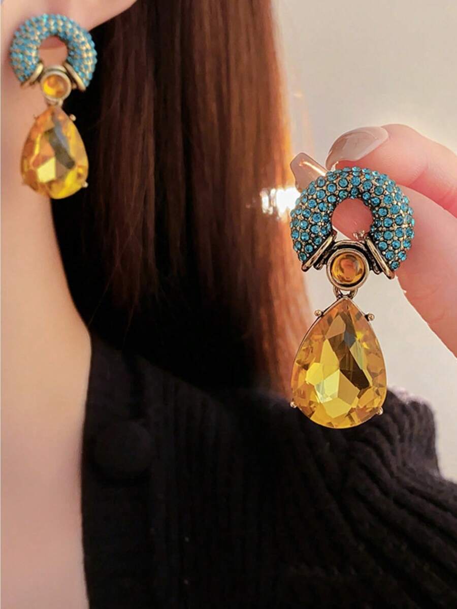 2PCS Retro Personalized Circle Water Drop Pendant With Diamond Imitation Gemstone Multi Color Metal Women's Earrings - 多色 - 查看 1