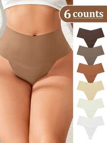 Sharicca 6pcs Women's High Waist Seamless Underwear Soft Breathable Comfortable Stretch Sexy Solid Color Triangle Panties - 設定-2 - 查看 1