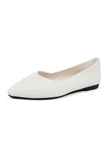 Women's Fashion Pointed Toe Knit Flats, Solid Color Casual Slip-On Versatile Loafers - White - View 5