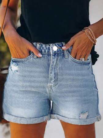 Estilo de Rua Americano Estilo Versátil de Férias de Verão Solto Simples Casual Barra Desgastada Denim Feminino de Cor Sólida Lavada