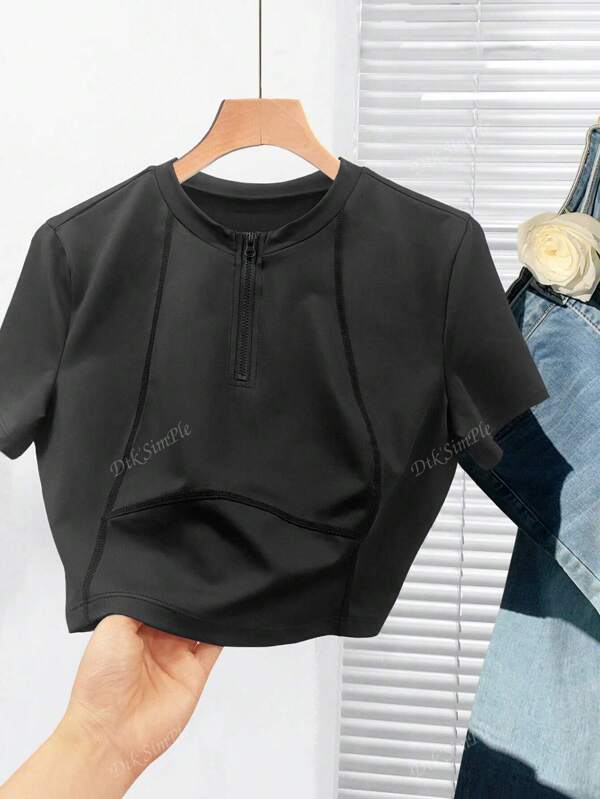 Short Solid Color Fitted Zip-Up Casual Short Sleeve T-Shirt