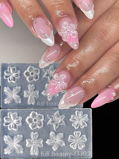 FULL BEAUTY 2pcs Spring Flower Petals Silicone Nail Mold Lily Cherry Blossom Floral DIY Design Manicure Template 3D Carving Nail Art Silicone Mold Stencil Reusable Tools