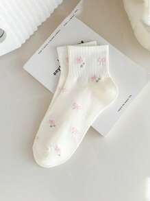 5 pares de calcetines cortos de niña en blanco y rosa con bordado floral y de lazo, que absorben la humedad y son cómodos hasta el tobillo, adecuados para usar a diario en primavera y verano