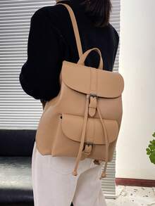 Stylish Black Leather - Like Backpack With Retro Buckle Design For Outings - Khaki - View 2