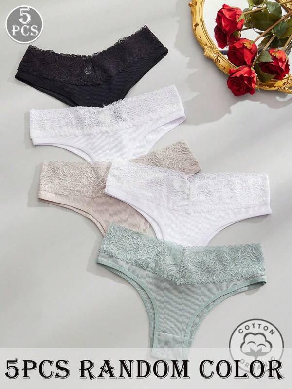 5 Pcs Women's Multicolor Lace Waistband Triangle Pants Simple Comfortable Cotton Panties