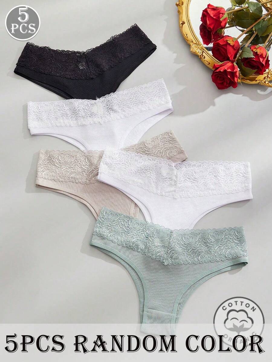 5 chiếc/gói quần lót nữ bằng cotton với cạp ren nhiều màu, kiểu dáng tối giản và thoải mái. - Nhiều màu - Xem 1