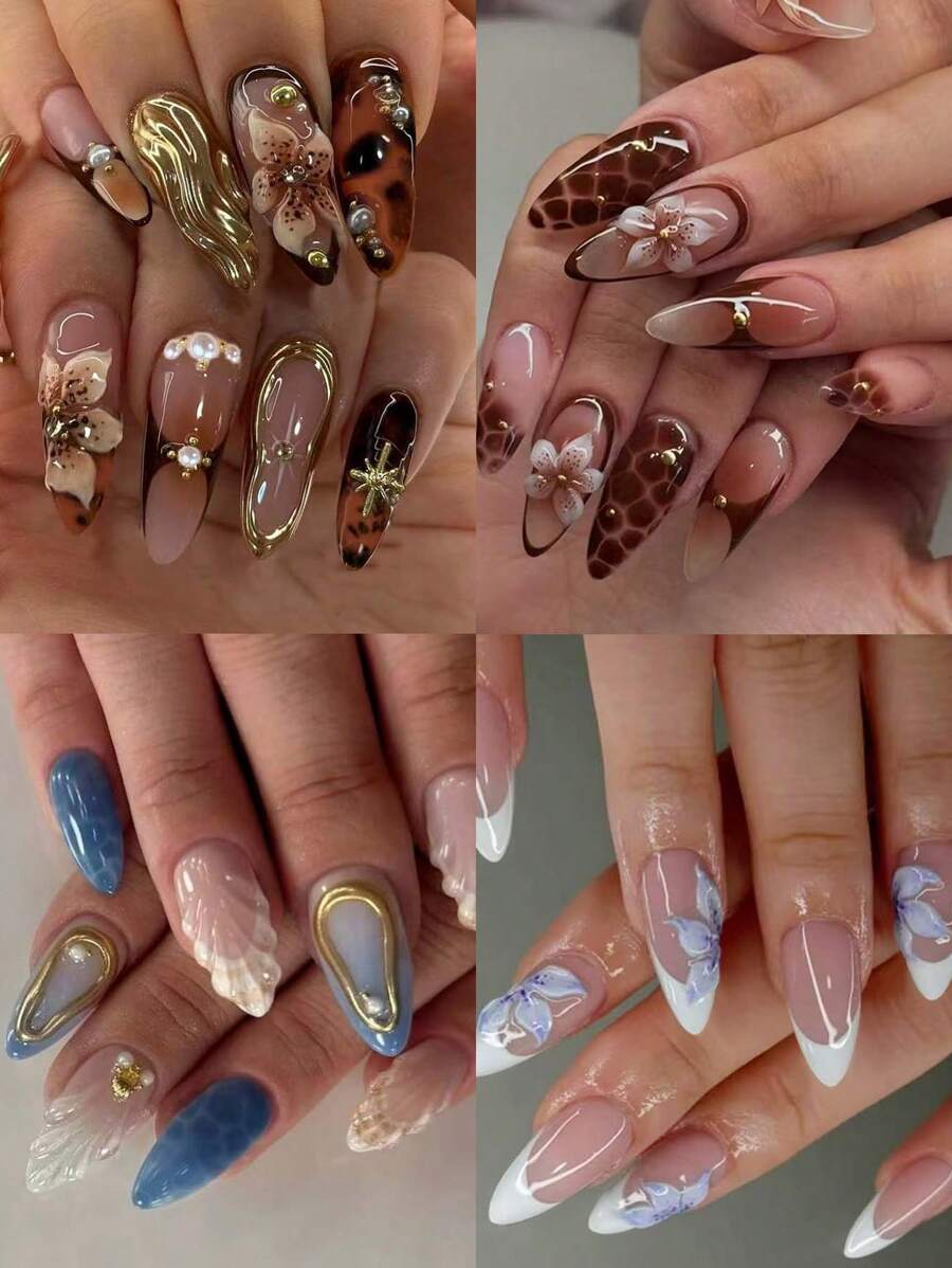 花朵指甲 96 件（4 种混合）长杏仁 3D 凝胶指甲制作花朵指甲与仿珍珠装饰设计法式亚克力按压指甲杏仁完美贴合假指甲套装，包括：1 件果冻胶和 1 件指甲锉，易于佩戴的夏季指甲和法式尖头指甲艺术，适合女性和女孩日常佩戴和派对使用指甲用品指甲