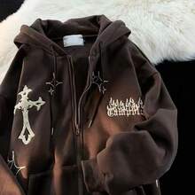 Gothic Embroidery Hoodies Women Retro Harajuku Hip Hop Jacket Zip Up Hoodie Loose Sweatshirt Clothes Y2K Tops - 棕色 - 查看 2