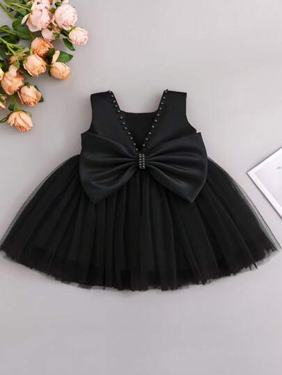 Baby Girl Black Party Dress With Big Bow Tulle Skirt, 0-2 Years, Birthday Party Mini Dress