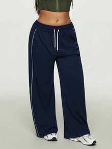 1pc Plus Size Women High Waist Loose Comfortable Minimalist Gym Fitness Running Weight Loss Contrast Color Drawstring Waffle Knit Straight Leg Pants - Navy Blue - View 5