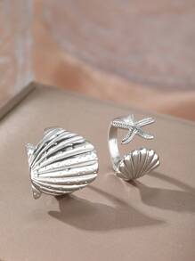 2 piezas Anillos de acero inoxidable con diseño de estrella de mar y concha para mujeres, elegante joyería estilo bohemio para viajes y playa
