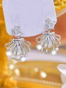 1 par de pendientes de cobre microincrustad con concha de perla estilo francés de lujo, adecuados para banquetes, fiestas, festivales, clubes nocturnos y uso diario de mujeres ( directa de fábrica)