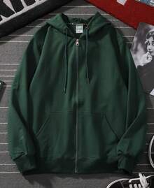 Sweatshirt Open Blouse With Zipper And Hood Cold Winter Plain Coat - Verde militar - Ver 2