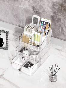 3pcs/1pc Plastic Cosmetic Storage Box With Drawer, Desktop Cosmetic Organizer, Makeup Organizer Box, Bathroom Cosmetic Table Storage Box, Lipstick Holder, Makeup Brush Holder/Storage Box, Desktop Storage Box With Drawer - Multicolor - View 10