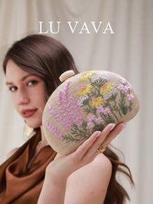 Bolso de mano de paja tejido a mano de LU VAVA con cadena dorada fija, bordado floral multicolor para boda en la playa, regalo para damas de honor bohemias, bolso para fiesta de picnic que cabe el teléfono