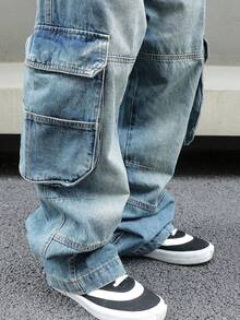 MH1035-1-Pantalones cargo holgados de mezclilla para hombre, estilo urbano, de pierna ancha, estilo ropa de trabajo con bolsillos laterales grandes - Azul lavado medio - Ver 6