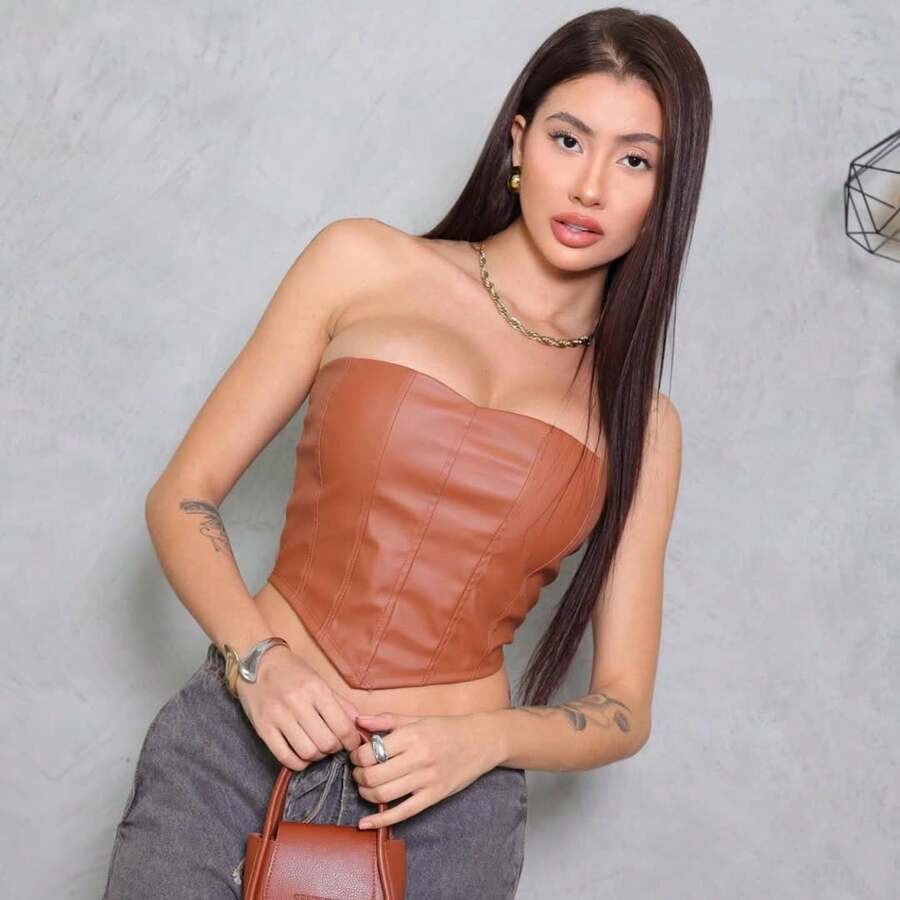 Strapless Corino Leather Cropped Top With Cups – Modern Style With A Sophisticated Touch - Rust Brown - View 1