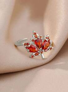 Gift Box Set Luxury Ruby Maple Leaf Shaped Open Band Ring, Sparkling Cubic Jewelry Suitable For Women, Engagement, Party, Festival Gift